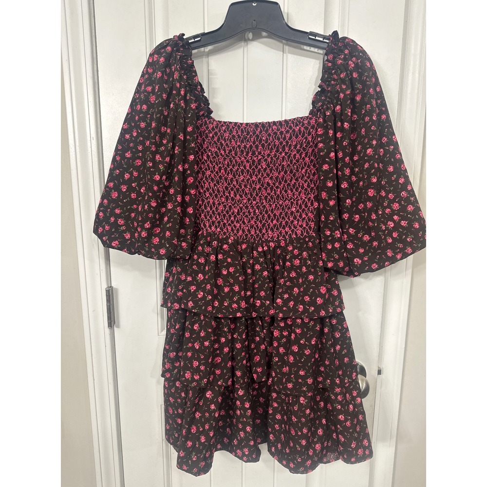 Vestique Women Brown Pink Floral Smocked Tiered Ruffle Puff Sleeve Mini Dress M